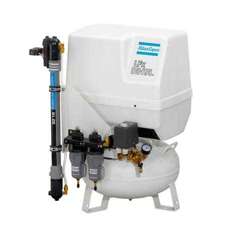 A white Atlas Copco LFX oil free dental compressor mounted on a 24l tank with a dryer fixed to the front